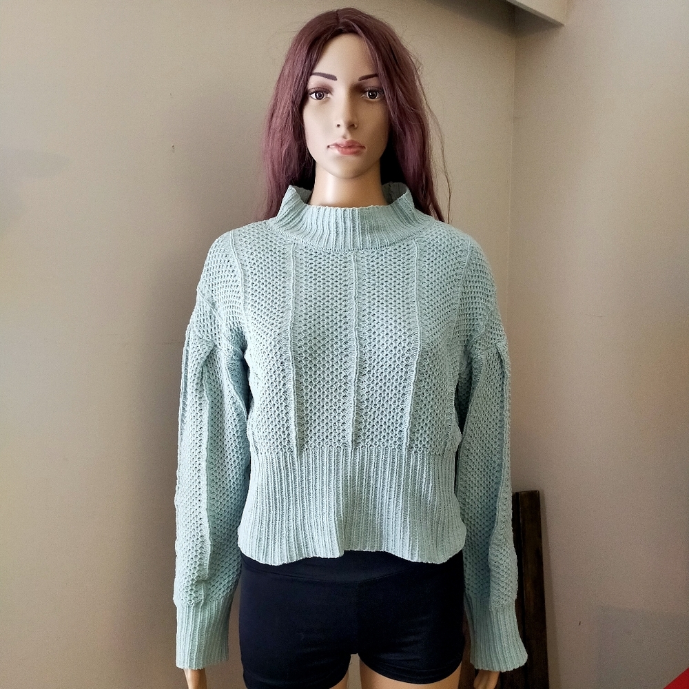 Generation K Mint Green Hight Neck Balloon Sleeves Chunky Knit Sweater